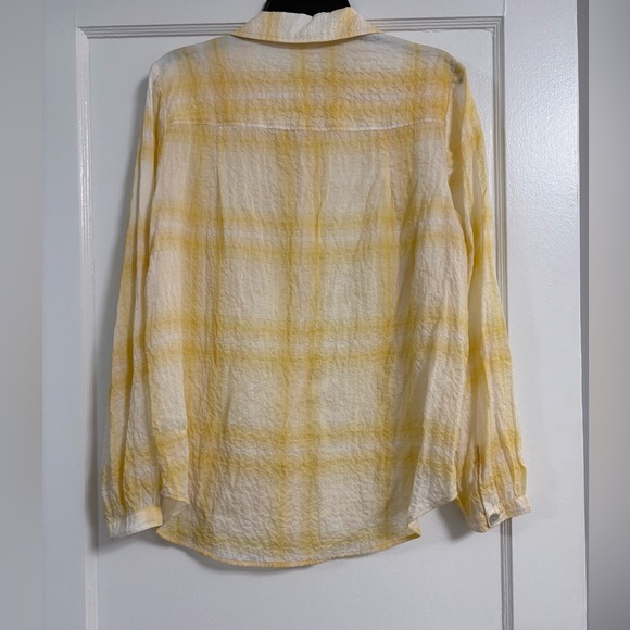 BELLA DAHL Crinkle Long Sleeve button down Shirt yellow white Plaid size medium - Picture 7 of 15